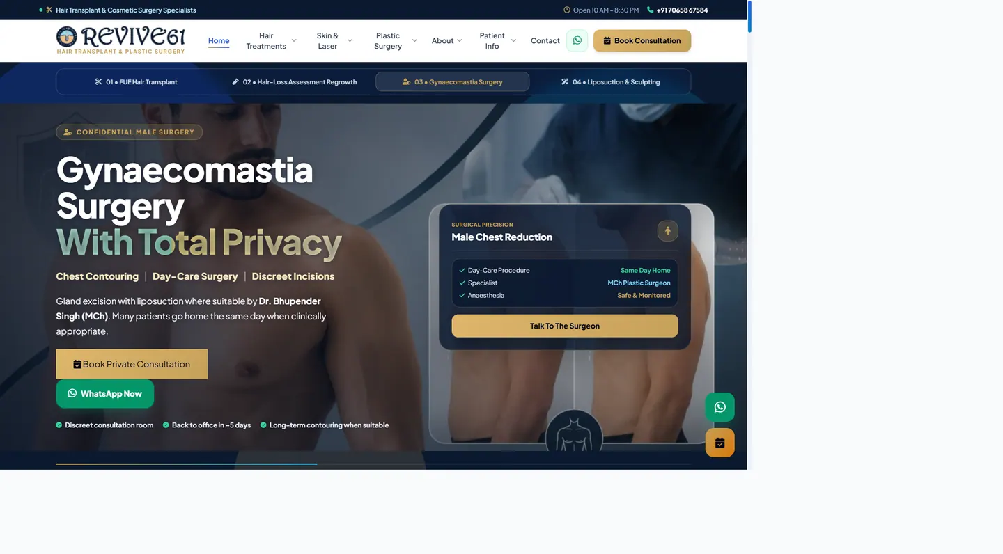 Desktop website preview of the Revive61 clinic website